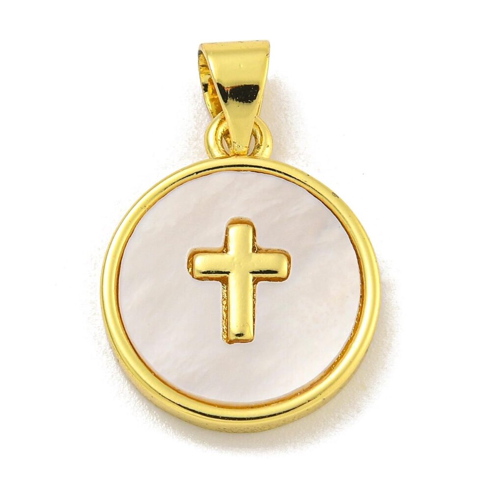 6797 10 pcs Round with Crucifix Theme Brass Shell Charms Religious Cross